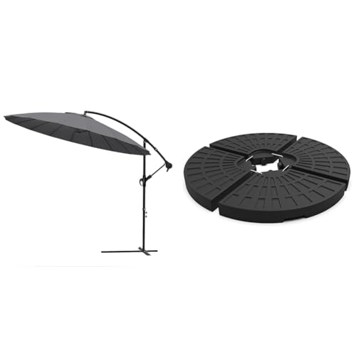 vounot Parasol Déporté de Jardin Shanghai 3M avec Manivelle Anti-Retour 18 Baleines & Dalle Lestage pour Parasols Base de Parasol en HDPE 4pcs à Remplir...