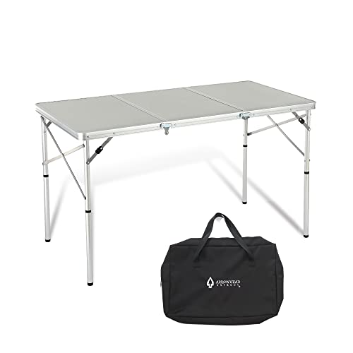 ARROWHEAD OUTDOOR Mesa de Camping Plegable de 4 pies con Marco de Aluminio Resistente, Superficie Sólida, 2 Alturas Ajustables, Incluye Estuche de Transporte, Ligera, Soporte en USA