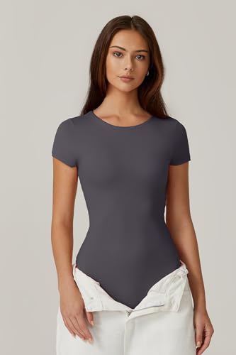 Image of QINSEN Women's Crew Neck Short Sleeve Bodysuit Double Lined Body Suits Basic T-shirt Tops