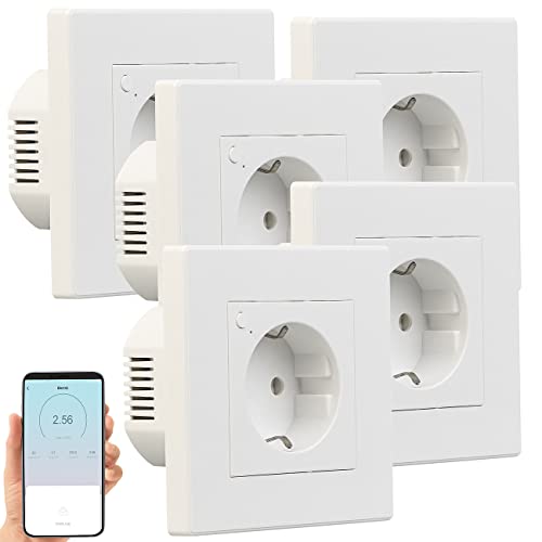 Luminea Home Control Amazon Alexa Steckdose: 5er-Set WLAN-Unterputz-Steckdosen mit Verbrauch-Messung, App, 3.680 W (Programmierbare Steckdose WLAN, Funksteckdose mit App, Dose)