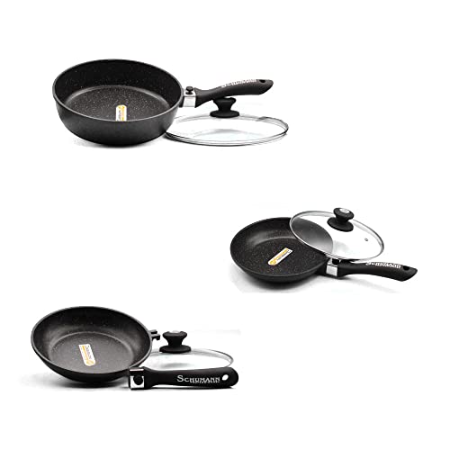 Schumann Lot de 2 Poêles 20/24 + Sauteuse 28cm en Pierre Professionnel I Compatibles Tous Feux Dont Induction I Fonte d'Aluminium Sans PFOA I Manches amovibles I Couvercles Inclus