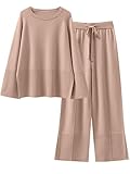 ANRABESS Womens 2 Piece Outfits Oversized Knit Sweater Set Wide Leg Pant Cozy Lounge Matching Pajama Sets 2025 Trendy Clothes Deep Apricot X-large