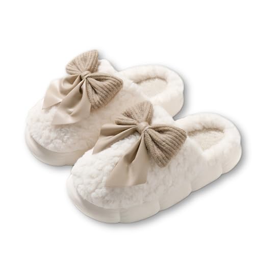 Women Bow Slipper for Home Bedroom Thick Sole Indoor Cute Fuzzy Footwear for Spring/Fall/Winter Holiday Season - Main Image