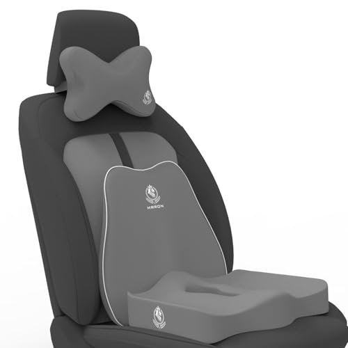 Image of MRRON Memory Foam Car Seat Cushion Combo - Backrest, Coccyx Cushion & Neckrest - Orthopedic Support for Back, Sciatica & Neck Pain - Ergonomic Comfort for Car, Office. (Grey, Slim Backrest)