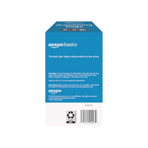 Amazon Basics Trash Bags, Tall Kitchen Drawstring, Unscented, 13 Gallon, 45 Count, Pack of 1