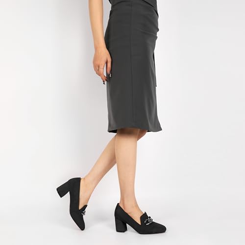 Image of Women Square Toe Pumps Loafers with Metal Buckle Low Heel Shoes Chunky Block Heel Pumps Daily Casual Heels Black Suede Leather US Size 7.5