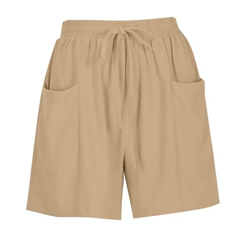 Short feminino franzido de corte alto, perna reta, elástico, para mulheres, outono, verão, linho, ca