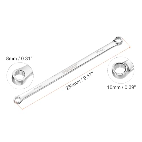 Image of HARFINGTON Double End Box Wrench 8 x 10 mm Metric 12 Point 0 Degree Offset Extra Long Double End Box Ratcheting Wrench CR-V Polished Long Spanner Tools for Repairs
