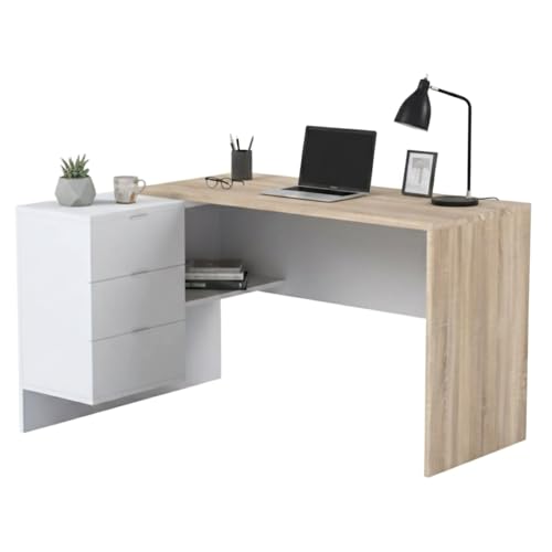Dmora - Bureau Greensboro Réversible Multifonctionnel, Table d'Angle Avec Support PC et Tiroirs, 145x108h73 cm, Chêne et Blanc