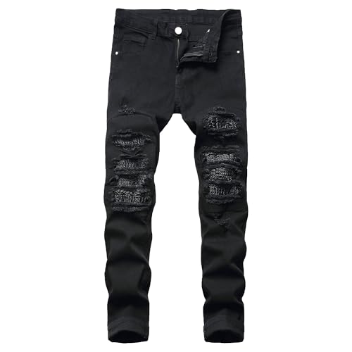 Maiyifu-GJ Jeans for Men Distressed Skinny Leg Ripped Slim Fit Denim Pants Stretch Casual Streetwear Jean Trousers (Black,28)