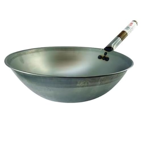 CateringBase Commercial Flat Bottom Carbon Steel Wok, 33 cm, with Wooden Handle