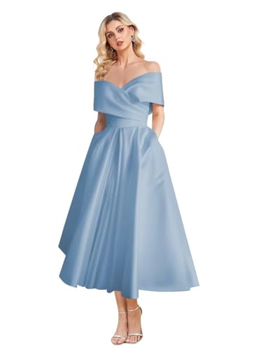 Image of Women's Off Shoulder Wedding Dress for Bride Tea Length A Line Satin Formal Prom Dresses with Pockets