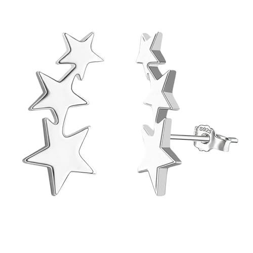 925 Sterling Silver Star Earrings For Women, Tiny Triple Star Stud Earrings, Flat Silver Shooting Stars Studs For Teen Girls, For Women Girl