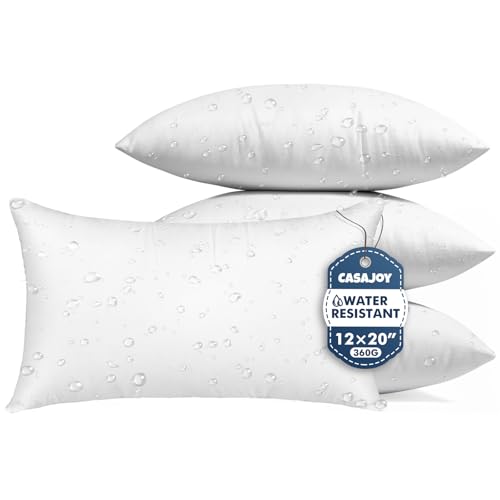 CASAJOY Pack of 4 12x20 Outdoor Pillow Inserts, Water Resistant Throw Pillow Inserts, Outdoor Lumbar Pillow for Patio, Furniture, Sofa, Bed, Living Room, Garden Decorative Waterproof Pillow Inserts