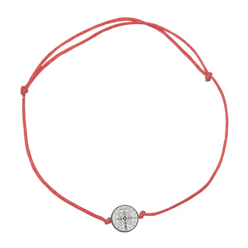 Catholic Town St Benedict inspirational adjustable red cord bracelet, available with Gold or Silver medals