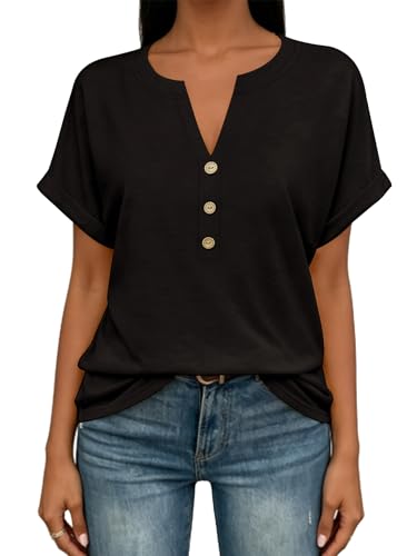 Image of EyMuse Womens Short Sleeve Henley Tops Fashion Casual V Neck Summer Tshirt | Summer Button Up Top Fashion Soft Basic Tees Blouses Spring Comfortable Classic Clothing Resort Wear for Women 2026