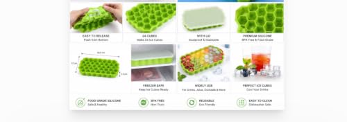 Image of Silicone Ice Cube Tray with Lid, 24 Cube Ice Maker Mould, Reusable Ice Cube Maker for Freezer, Kitchen, Drinks, Cocktails & Juice