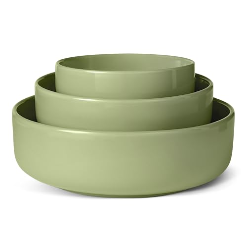 Amazon Basics Saladiers en Grès Émaillé, Lot de 3 Pièces, Compatible Lave-Vaisselle, Couleur Olive