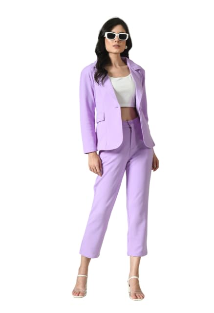 office purple Women's Cotton Blend Solid Blazer & Pant Set with Camisole | Formal 3-Piece Set-picture-23