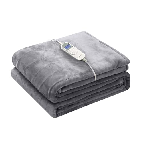 Image of Wapaneus Foot Pocket Heated Blanket Electric Throw with 10 Heating Levels and 4 Timer Settings 4 Hours Auto Shut Off, Flannel Fast-Heating Heated Throw 50 inch x 60 inch, ETL Listed Machine Washable, Grey