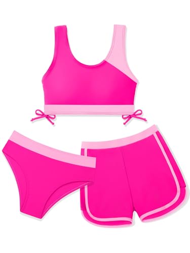 Image of Girl's 3 Piece Bikini Bathing Suit Printed Sport Swimsuits with Shorts Cove Up Sets Teen Girl's Swimwear