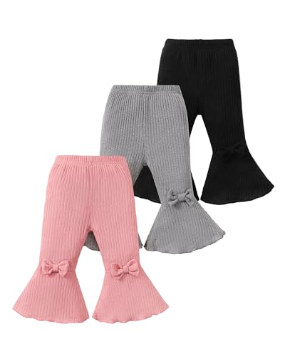Image of Mioglrie Baby Girl Pants Toddler Leggings 3 Pack Flare Newborn Baby Pants 3 6 9 12 18 24 Months Bell Bottoms for Girls