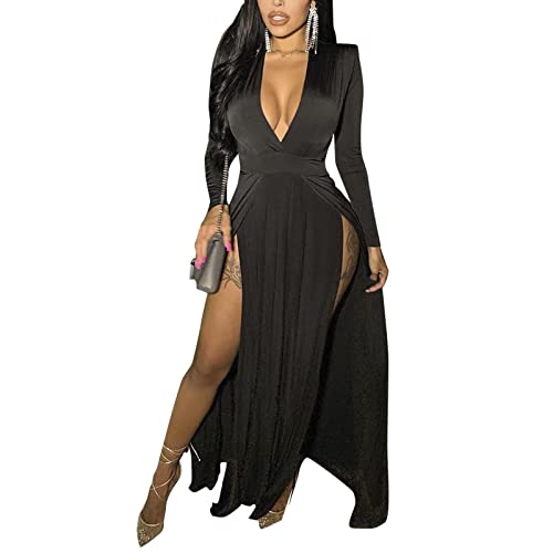 Sedrinuo Women Sexy Long Sleeve Black Maxi Dress V Neck High Slit Party Dresses