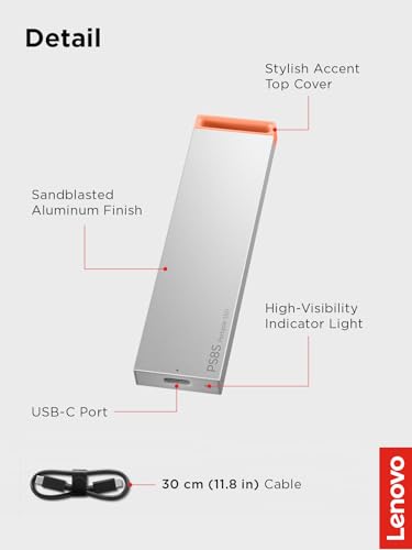 Image of Lenovo PS8S 512GB Portable SSD, Up to 1050MB /s Read, 1000MB /s Write, USB 3.2 USB-C, Slim Lightweight (40g) Aluminum Body, Reliable Storage for PC /Mac & Android