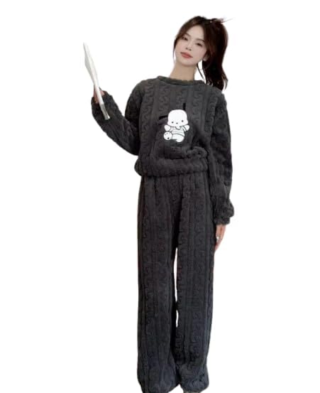 Patch Fluffy Pyjama Set for Women Soft Comfy Fleece Pjs Pullover Pants Loose Plush Sleepwear Fuzzy Loungewear for Winter Pack of 1(Grey)-image-45