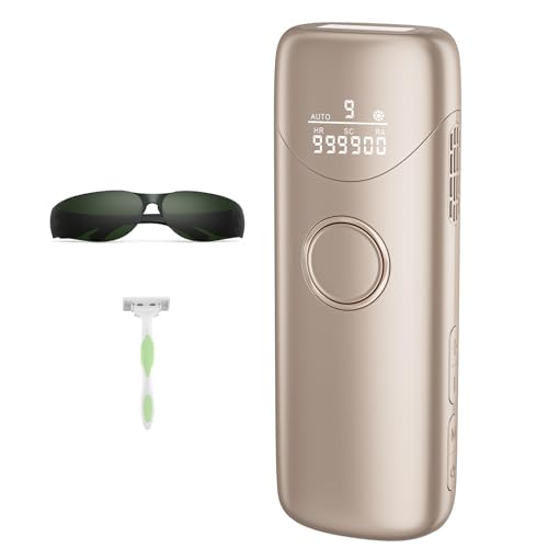 Depiladora Laser, ‌Depiladora Luz Pulsada con función de enfriamiento, 19,8 J Aparatos Depilación con 9 niveles de ajuste de energía, depilación con luz roja de 600-1200 nm, 999 900 destellos, Dorado