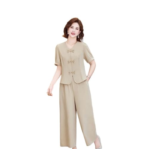 Conjunto de dos piezas de camisa estilo chino mujer con botones de rana y cuello V