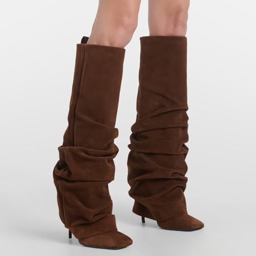 Elastic Leather Knee High Boots for Women,Women's Suede Slouchy Closed Square Toe Stiletto High Heel Tall Boots Comfortable Pull on Long Boots Sexy Fashion Mid Calf Fold Over Knee Boots Western Cowboy Boots Shoes4