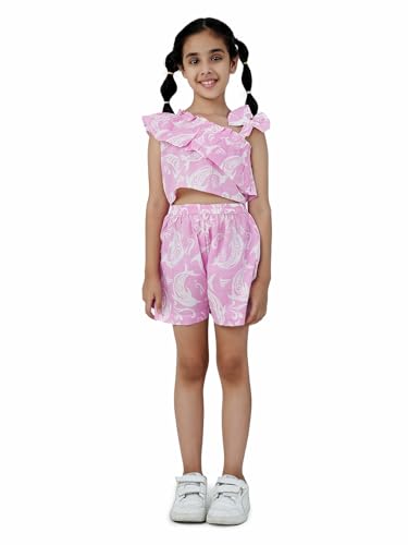 Image of AJ DEZINES Kids Cotton Sleeveless Co-ords Set for Girls - Casual Outfit | Vacation Wear |Beach Dress |Dolphin Printed Top Shorts for girls - Regular Fit