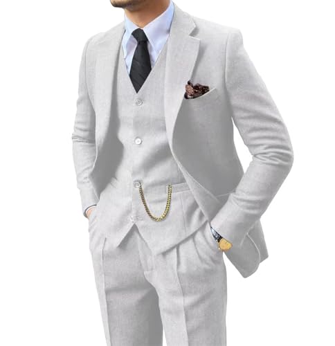 Image of Retro 3 Piece Suit Tweed Herringbone Men's Suits Slim Fit Jacket Vest Pant | Tweed Wool Blend Retro 3 Piece Suit Herringbone Men's Suits Vintage Wedding Groom Tux Set Dress Prom Single Breasted Jacket