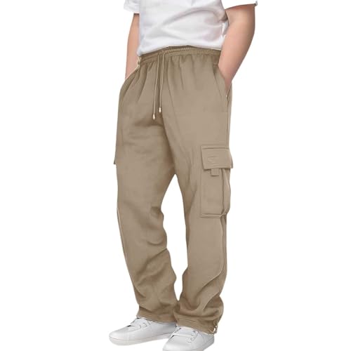 Boys Cargo Sweatpants Fleece Straight Wide Leg Open Bottom Baggy Sweat Pants Loose Athletic Workout Joggers with Pockets