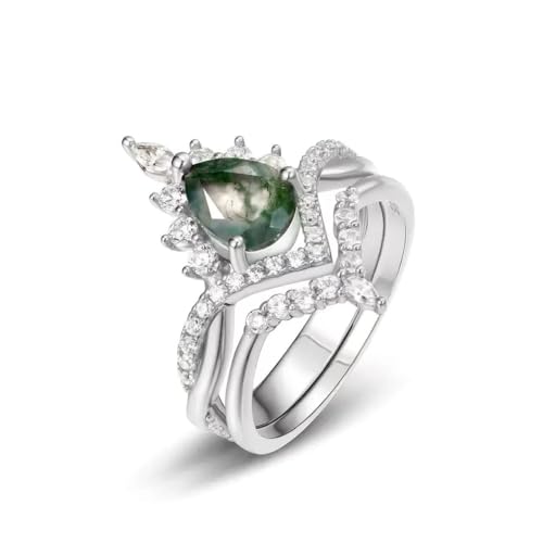 Natural Moss Agate Ring for Women 925 Sterling Silver Genuine Green Moss Agate Engagement Ring Jewelry Gift