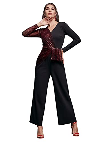 Image of Miss Chase Women's V-Neck Full Sleeve Embellished Asymmetric Regular Length Polyester Jumpsuit with Pockets