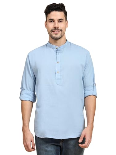 Image of SKAVIJ Men Solid Cotton Long Sleeve Casual Henley Kurta Shirt