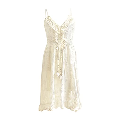Yassiglia Womens Casual Floral Lace Beach Dress Bohemian Style V-Neck Spaghetti Strap Backless Long Sundress for Beach Vacation S-XL (Beige, XXL) - Image 5