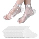 AEUXZA 100 Stück Einweg Fußmaske Socken mit 100 Stück Fixierstickern, Verlängerte Version Fußabdeckungen für Paraffinbad & Fußpflege, Transparente Einwegstiefel für Spa Pediküre