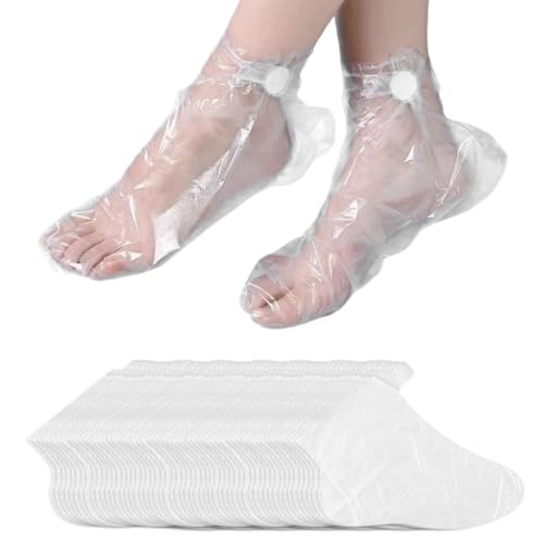 AEUXZA 100 Piezas Calcetines Desechables para Baño de Parafina + Pegatinas, Protectores Manos Pies, Bolsas Pedicura Transparentes, Compatibles con Máquina (Transparente)