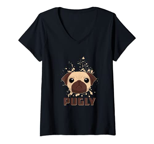 Womens Pugly Pug Pet Animal Puppy Paws Dog Breed Pup Bone Dogs Paw V-Neck T-Shirt, Black