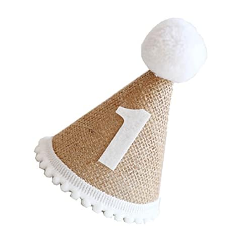 Amosfun 1st Birthday Cone Hat Cap: First Birthday Cap Pom Pom Party Hat Linen Birthday Headwear Birthday Party Supplies Favor for Boys Girls Cover
