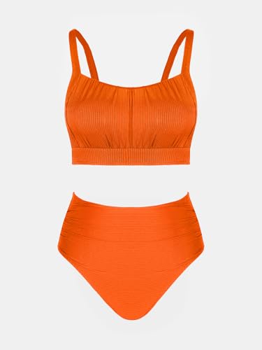 Image of CUPSHE Women's Tummy Control High Waisted Bikini Set Textured Bathing Suit | Removable Soft Cups, Ruched, Adjustable Wide Straps, Ribbed Texture, Twist Back Detail, Full Coverage, Sporty, Beach Vacation