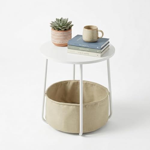 FurnitureR Mesa Auxiliar, mesita de Noche pequeña con Cesta de Almacenamiento de Tela, Moderna mesita de Noche de 45 cm, Parte Superior Blanca, para Sala de Estar, Dormitorio, Blanco Mate y Camel