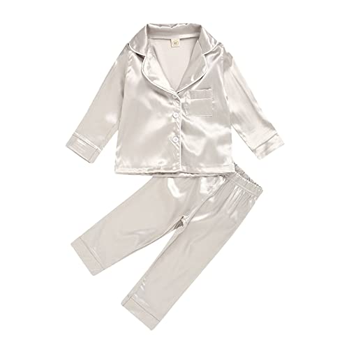 Girls Boys S𝗶𝗹k Pa𝗷amas Set Stain Long Sleeved Tops Pants P𝗝s Set for Toddler Kids Pocket Soft Slee𝗽wear N𝐢ghtwear