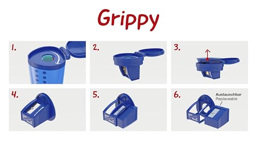 Faber-Castell 181790 - Spitzdose Grippy mit Schneidschutz, blauer Anspitzer mit Behälter, für Buntstifte mit 17,8 mm Durchmesser