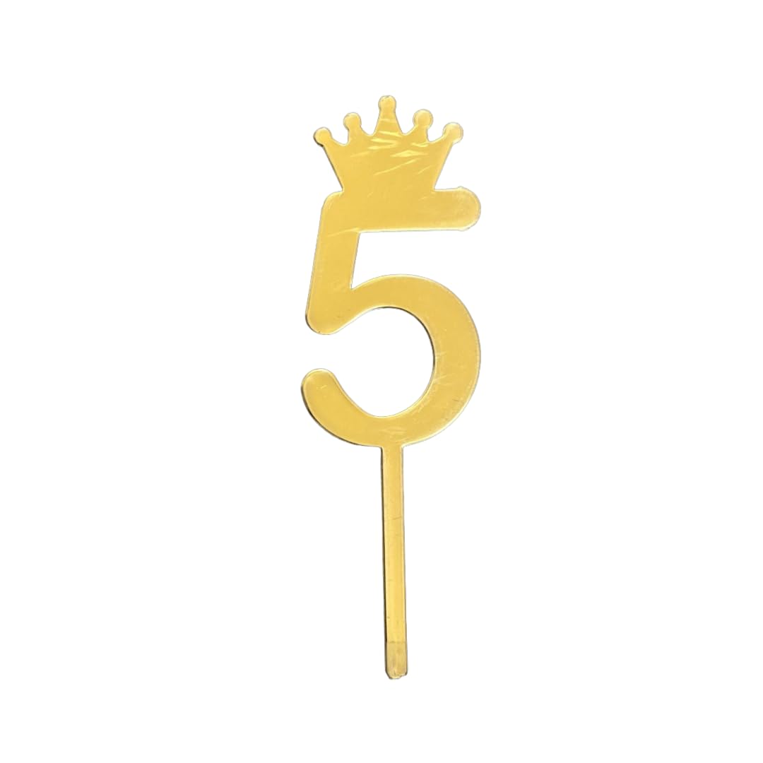 STHAVAR | 1 Piece| Birthday Cake Toppers| Crown Number Toppers| Number Toppers| Acrylic Cake Toppers| Reusable| Ideal for Birthdays, Weddings, Parties| Golden Colour Number Toppers (5)