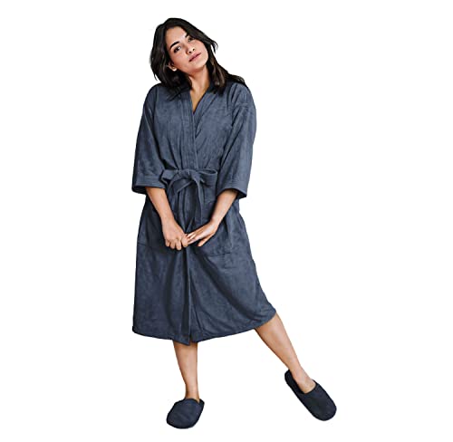 Image of Sassoon Venir Microfiber Bathrobe With Slippers for Men & Women, Unisex Luxury Bathrobe Towel, Spa Robe Combed (Pack of 1) - Denim Color
