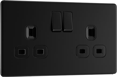 BG Electrical Double Switched Power Plug Wall Socket, Flatplate Screwless, Matt Black, 13A, FFB22B